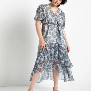 Eloquii Floral Ruffle Tiered Faux Wrap Midi Dress, Indigo Bloom print, Size 20